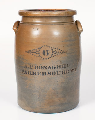 6 Gal. A. P. DONAGHHO / PARKERSBURG, WV Stoneware Crock