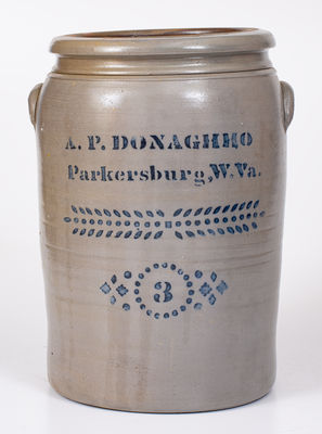 3 Gal. A. P. DONAGHHO / PARKERSBURG, West Virginia Stoneware Crock