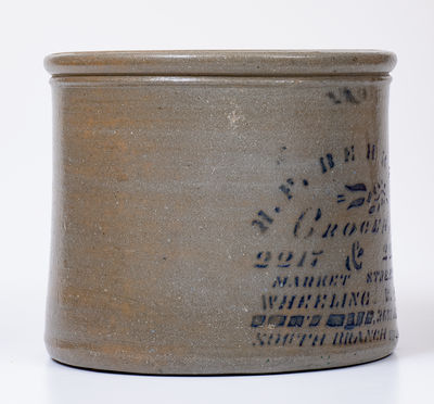 H. F. BEHRENS / WHEELING, W. VA Stoneware Advertising Cake Crock