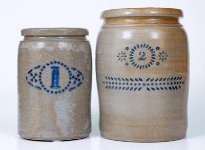 Lot of Two: Stenciled Stoneware Jars with Numerals att. A. P. Donaghho, Parkersburg, WV