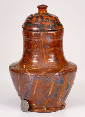 Unusual American Redware Lidded Jar w/ Lead and Manganese Slip Decoration