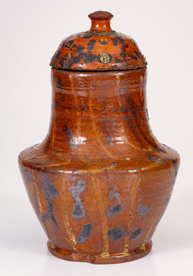 Unusual American Redware Lidded Jar w/ Lead and Manganese Slip Decoration