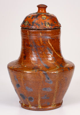 Unusual American Redware Lidded Jar w/ Lead and Manganese Slip Decoration