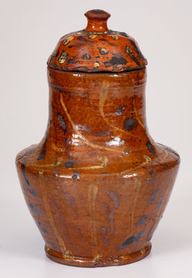 Unusual American Redware Lidded Jar w/ Lead and Manganese Slip Decoration
