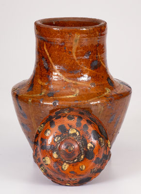 Unusual American Redware Lidded Jar w/ Lead and Manganese Slip Decoration