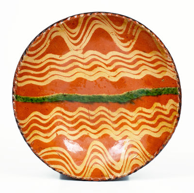 Philadelphia Redware Plate w/ Elaborate Yellow and Copper Slip Decoration, late 18th / early 19th century