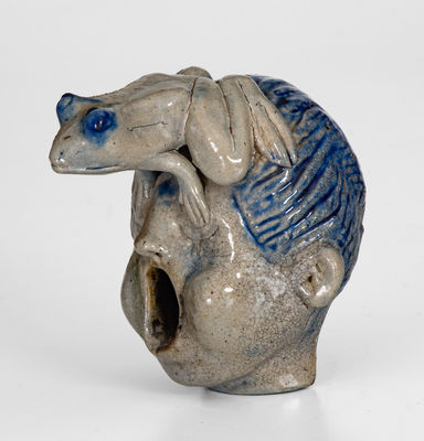 Rare and Fine Anna Pottery / 1887 Figural Inkwell Featuring a Frog atop a Face