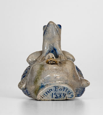 Rare and Fine Anna Pottery / 1887 Figural Inkwell Featuring a Frog atop a Face