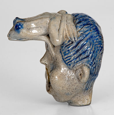 Rare and Fine Anna Pottery / 1887 Figural Inkwell Featuring a Frog atop a Face