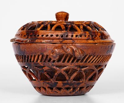 Very Unusual Pierced Work Pennsylvania Redware Lidded Sugar Bowl