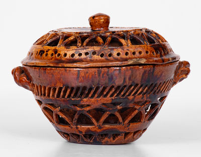 Very Unusual Pierced Work Pennsylvania Redware Lidded Sugar Bowl