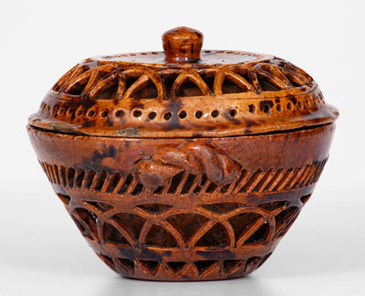 Very Unusual Pierced Work Pennsylvania Redware Lidded Sugar Bowl