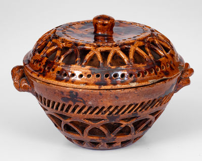 Very Unusual Pierced Work Pennsylvania Redware Lidded Sugar Bowl