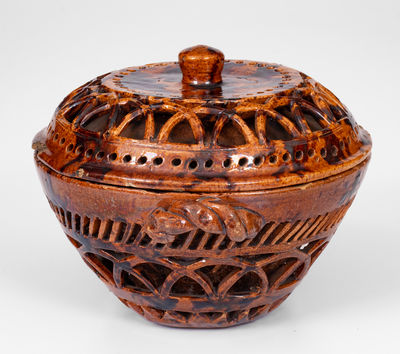 Very Unusual Pierced Work Pennsylvania Redware Lidded Sugar Bowl