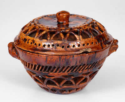 Very Unusual Pierced Work Pennsylvania Redware Lidded Sugar Bowl
