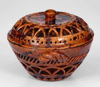 Very Unusual Pierced Work Pennsylvania Redware Lidded Sugar Bowl
