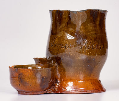 Very Rare Redware Shaving Pitcher w/ 1849 Inscription, probably New Jersey