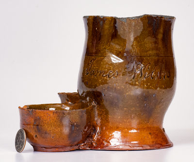 Very Rare Redware Shaving Pitcher w/ 1849 Inscription, probably New Jersey