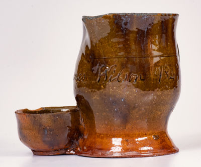 Very Rare Redware Shaving Pitcher w/ 1849 Inscription, probably New Jersey