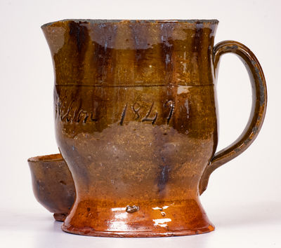 Very Rare Redware Shaving Pitcher w/ 1849 Inscription, probably New Jersey