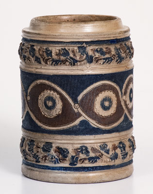 Westerwald Stoneware Mug with Two-Color Slip and Animal Decoration, circa 1690