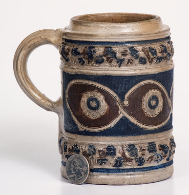 Westerwald Stoneware Mug with Two-Color Slip and Animal Decoration, circa 1690