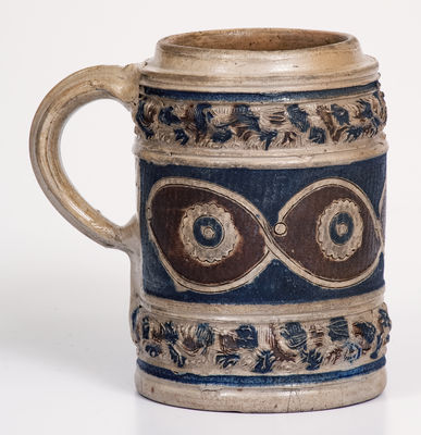 Westerwald Stoneware Mug with Two-Color Slip and Animal Decoration, circa 1690
