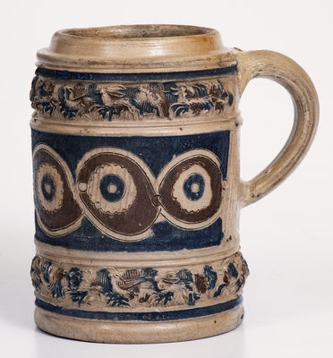 Westerwald Stoneware Mug with Two-Color Slip and Animal Decoration, circa 1690