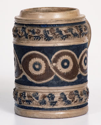 Westerwald Stoneware Mug with Two-Color Slip and Animal Decoration, circa 1690