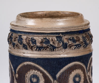 Westerwald Stoneware Mug with Two-Color Slip and Animal Decoration, circa 1690