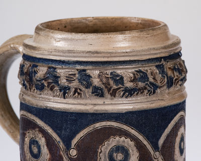 Westerwald Stoneware Mug with Two-Color Slip and Animal Decoration, circa 1690