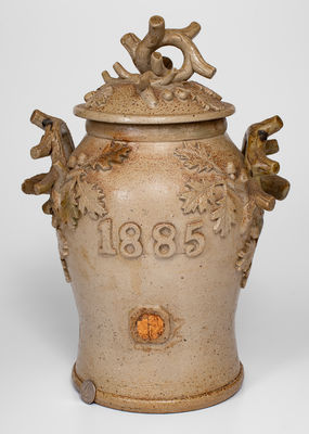 Rare Small-Sized 1885 Ohio Stoneware Water Cooler w/ Applied Oak Tree Decoration