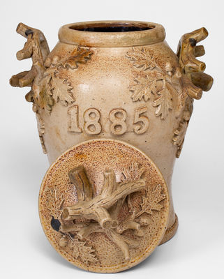 Rare Small-Sized 1885 Ohio Stoneware Water Cooler w/ Applied Oak Tree Decoration