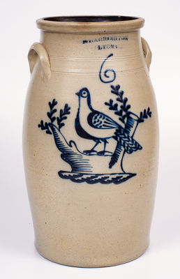 T. HARRINGTON / LYONS Stoneware Churn w/ Elaborate Bird-on-Stump Decoration