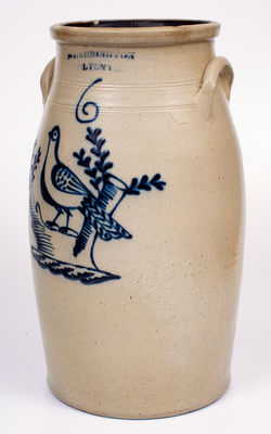Rare 6-Gal. T. Harrington / Lyons Stoneware Churn w/ Elaborate Bird on Stump Decoration