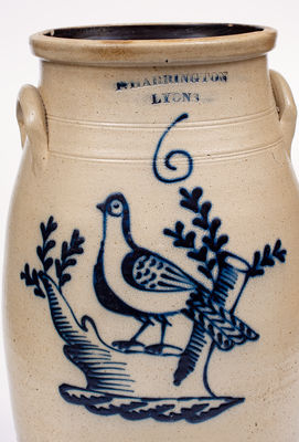 Rare 6-Gal. T. Harrington / Lyons Stoneware Churn w/ Elaborate Bird on Stump Decoration