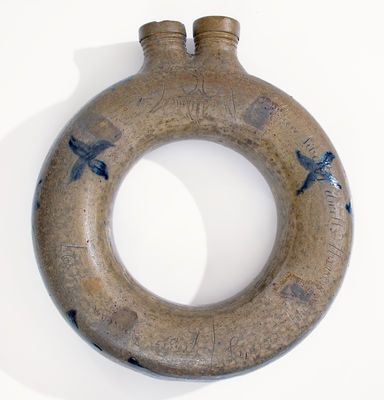 Exceedingly Rare and Important Loudoun County, VA, Stoneware Ring Flask w/ Incised Federal Eagle and Patriotic Inscriptions, 1827
