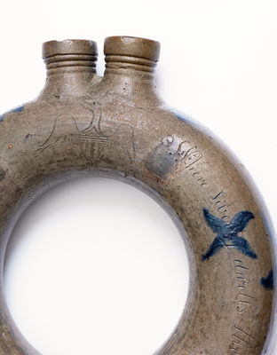 Exceedingly Rare and Important Loudoun County, VA, Stoneware Ring Flask w/ Incised Federal Eagle and Patriotic Inscriptions, 1827
