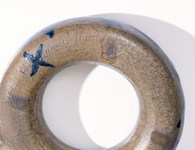 Exceedingly Rare and Important Loudoun County, VA, Stoneware Ring Flask w/ Incised Federal Eagle and Patriotic Inscriptions, 1827