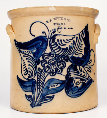 6 Gal. N. A. WHITE & SON / UTICA, NY Stoneware Crock w/ Elaborate Floral Decoration