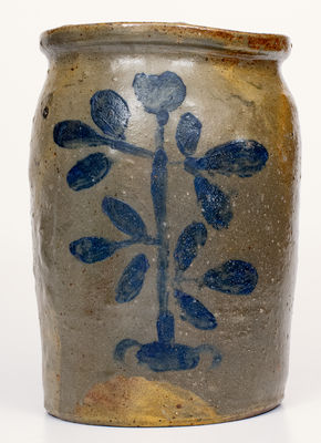 Unusual 2 Gal. Stoneware Jar w/ Stenciled Plant Decoration, probably West Virginia