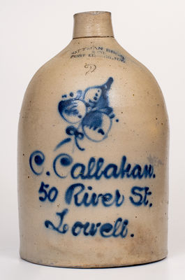 2 Gal. FORT EDWARD, NY Stoneware Jug with Lowell, MA Script Advertising