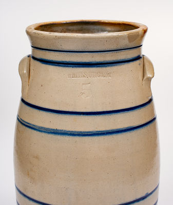 5 Gal. WHITES / UTICA, NY Stoneware Churn w/ Striped Decoration