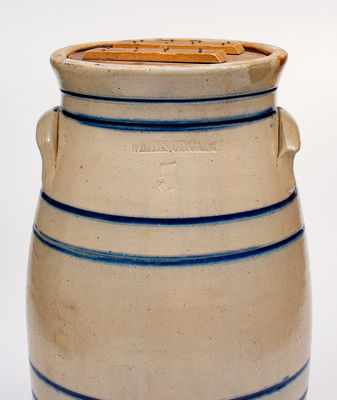 5 Gal. WHITES / UTICA, NY Stoneware Churn w/ Striped Decoration