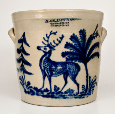 Exceptional N. CLARK & CO. / ROCHESTER, NY Stoneware Jar w/ Elaborate Deer Scene