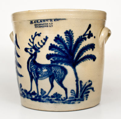 Exceptional N. CLARK & CO. / ROCHESTER, NY Stoneware Jar w/ Elaborate Deer Scene