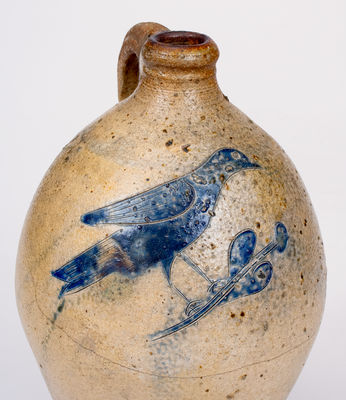 Scarce Manhattan, NY Stoneware Jug w/ Fine Incised Bird Decoration, circa 1790