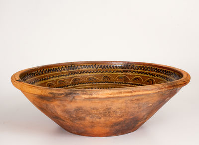 Extremely Rare and Important Monumental Hagerstown, MD Redware Bowl w/ Slip Decoration and Incised Tree