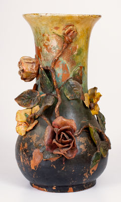 Large Redware Vase w/ Applied Flowers, possibly Mary Elizabeth Bell, Waynesboro, PA