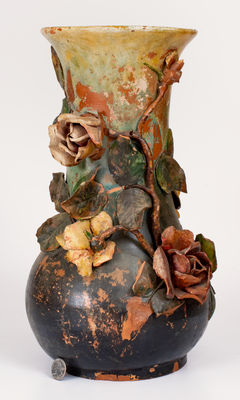 Large Redware Vase w/ Applied Flowers, possibly Mary Elizabeth Bell, Waynesboro, PA